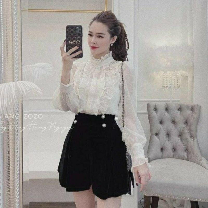Áo sơ mi bánh bèo pha ren cổ trụ khuy ngọc