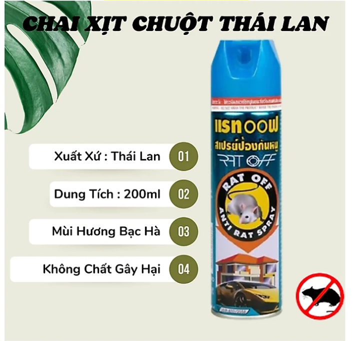 Chai xịt đuổi chuột Rat Off thái lan, đuổi sạch chuột hiệu quả tặng kèm móc dán tường ( mẫu ngẫu nhiên) 200ml- Hàng chính hãng