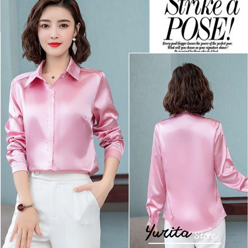 Áo Sơ Mi Nữ Công Sở Màu Hồng Cổ Đức YURITA Kiểu Hàn Quốc Vintage Ulzzang Form Rộng Dài Tay Đẹp Chất Lụa Cao Cấp A2V