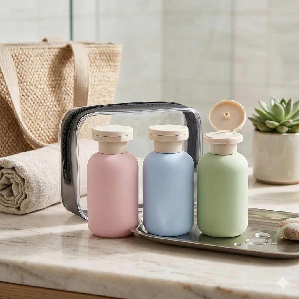 Bộ Chiết Mỹ Phẩm Du Lịch 3 Chai 100ml Kèm Túi PVC | Gọn Gàng Cho Cả Gia Đình