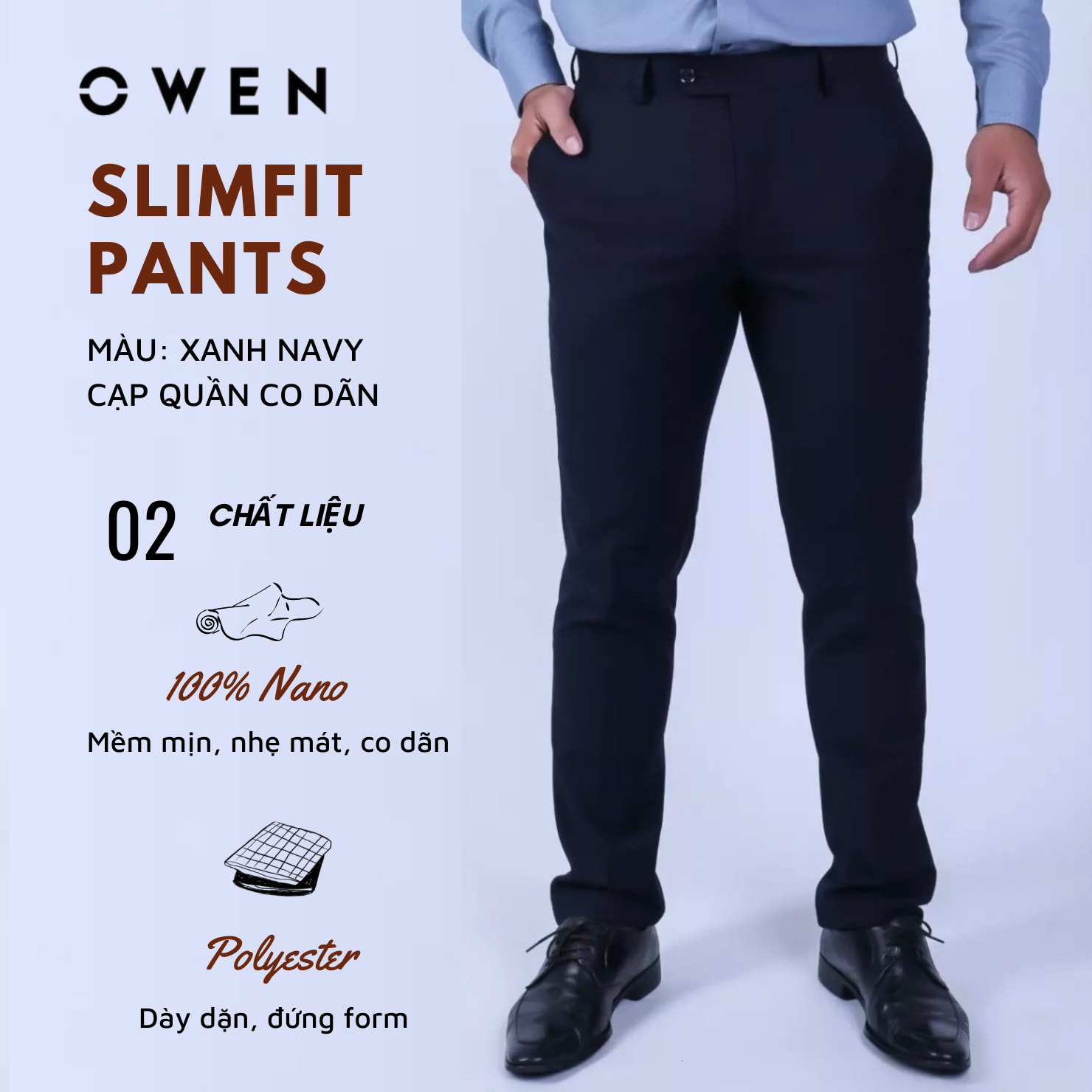 OWEN - Quần âu nam dáng SLIMFIT có cạp tăng đơ co dãn màu Navy đậm