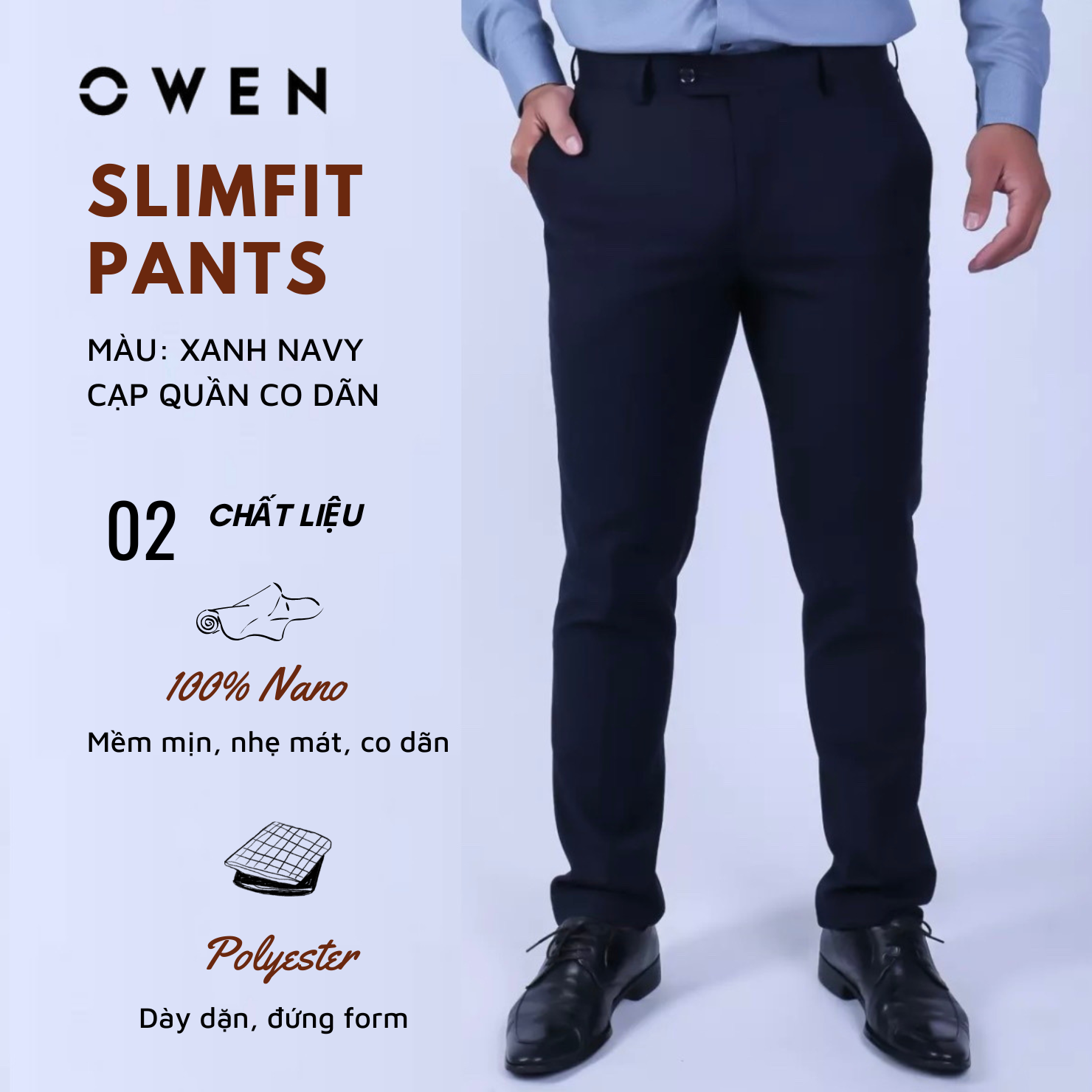 OWEN - Quần âu nam dáng SLIMFIT có cạp tăng đơ co dãn màu Navy đậm