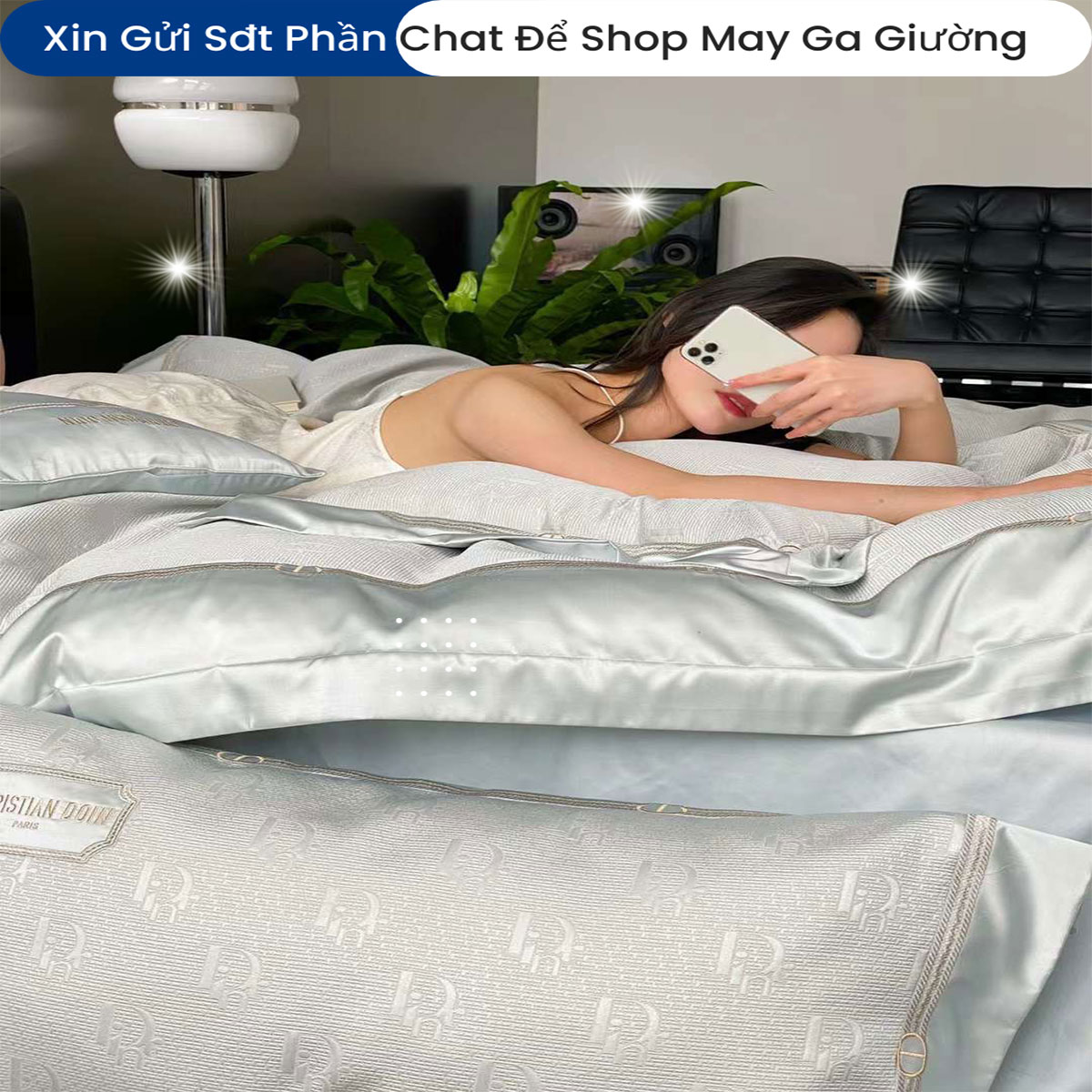 Bộ Chăn Ga Gối Đệm Lụa Sateen 100s 5 Món ANNA NGUYÊN Cao Cấp Chăn Chần Bông Lụa Mềm