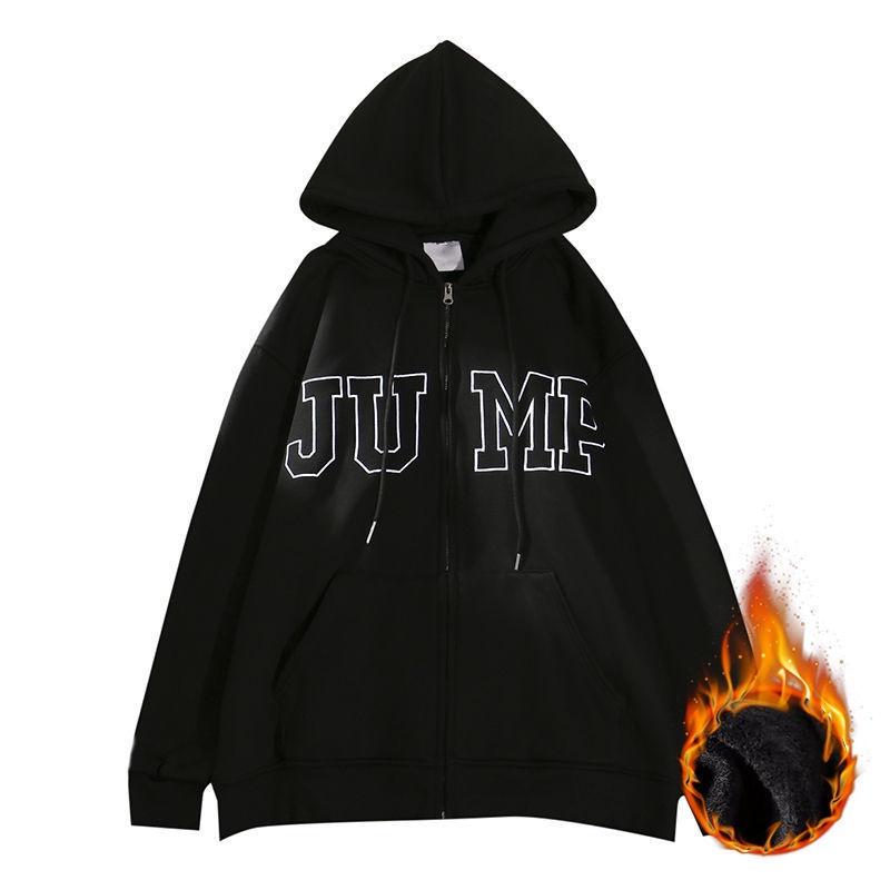 Áo khoác Nỉ Hoodie mũ 2 lớp from rộng tay bồng khóa kéo xanh than, Áo hoodie zip unisex in chữ JUMP .