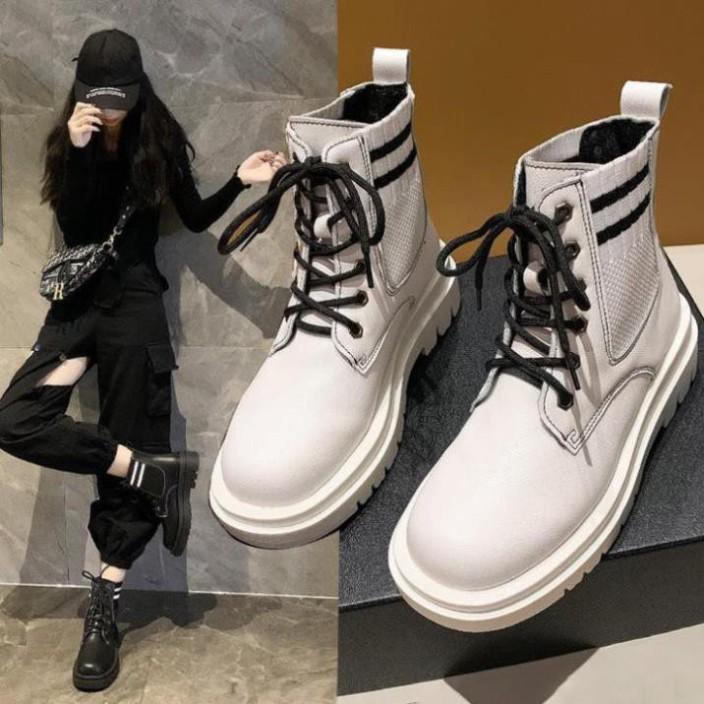 Freeship Giày bốt cổ thấp Martin cho nữ, boots cổ thấp có dây màu đen cổ tròn phối len