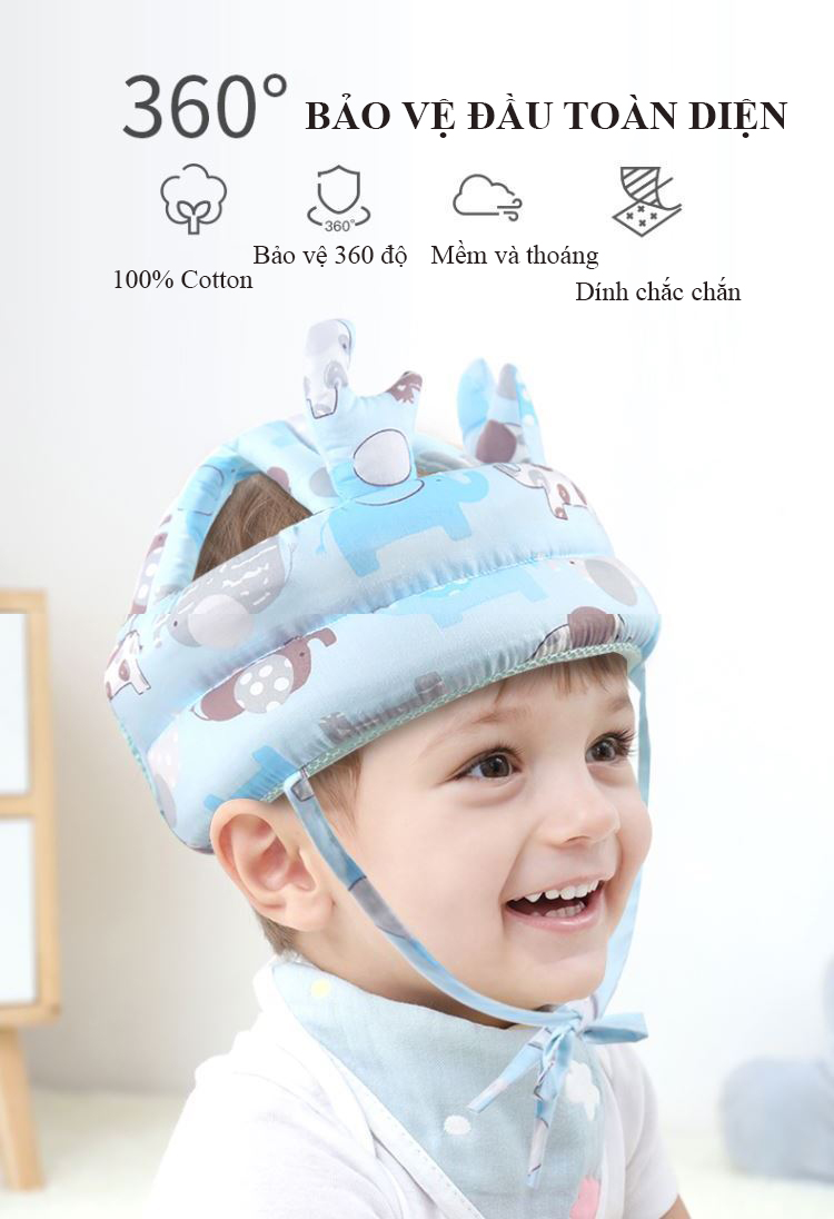 Mũ nón bảo hiểm bảo vệ đầu cho bé tập đi chống va đập cho bé tùy ý chỉnh to nhỏ, vải bọc thoáng khí