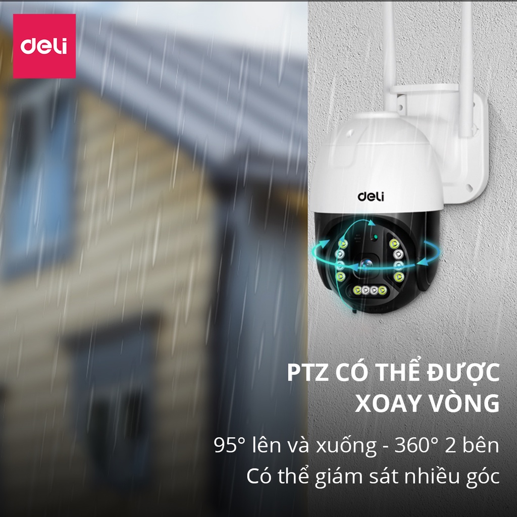 Camera Wifi IP Ngoài Trời Chống Nước PTZ Deli Full HD 1080P Xoay 360 Độ ES103 - Xem Đêm Có Màu - Đàm Thoại Hai Chiều Phát Hiện Chuyển Động - Hàng Chính Hãng - Phù Hợp Giám Sát An Ninh Gia Đình, Công Sở, Trường Học