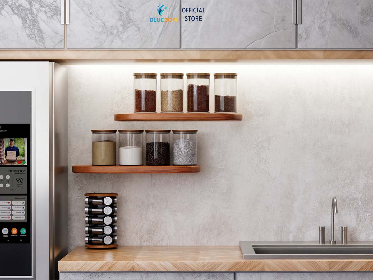 Combo 2 kệ gỗ góc bo tròn BLUEZON treo tường trang trí 43cm, kèm chốt chữ U âm tường, phụ kiện vít tắc kê
