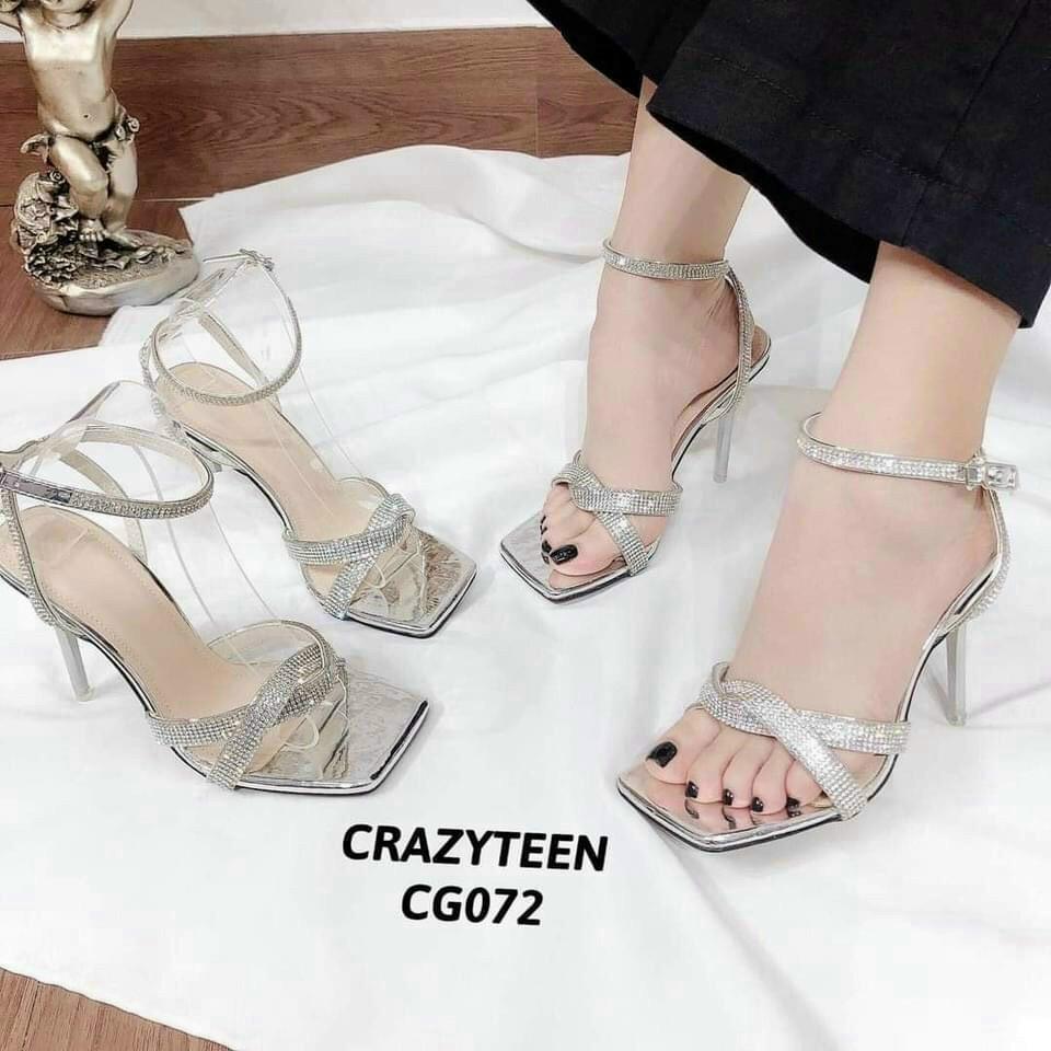 Giày Sandal Cao Gót 9p Gót Nhọn Quai Chéo Đính Đá hottrend 2021
