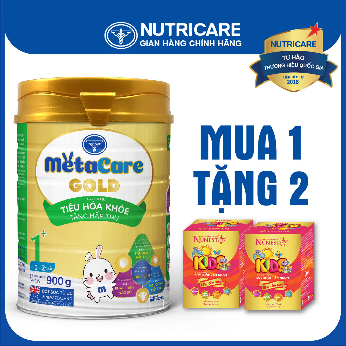 [Tặng 2 lọ yến]  Sữa bột Nutricare MetaCare Gold 1+ tiêu hóa khỏe tăng hấp thu 900g