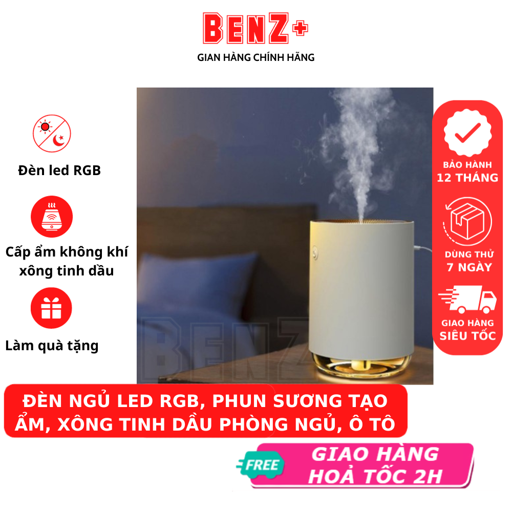 Máy xông tinh dầu phòng ngủ BENZ phun sương tạo ẩm, khuếch tán hương thơm, khử mùi phòng, có đèn led thay đèn ngủ