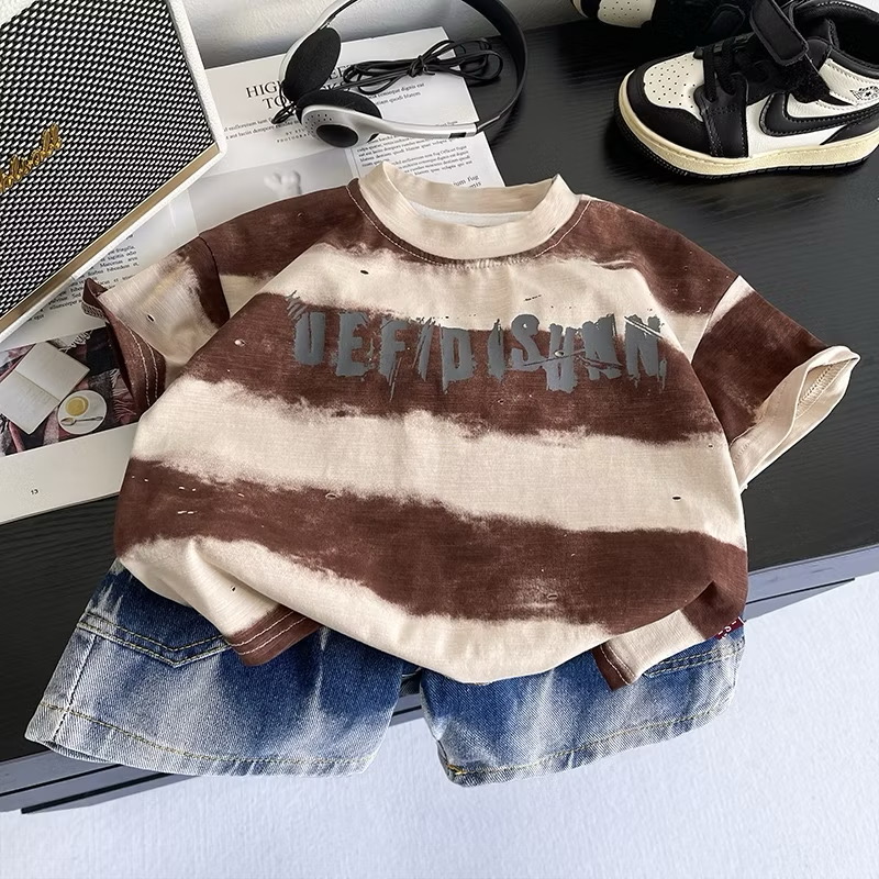Set Áo Thun Tay Ngắn Sọc In Chữ Quần Đùi Denim 1-5 Tuổi Dành Cho Bé Trai
