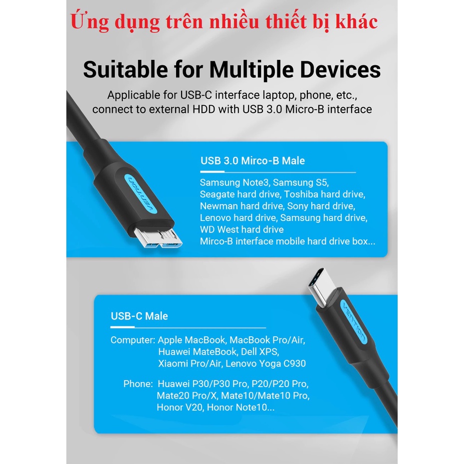 Hình ảnh [ C to Micro B ] Cáp sạc và truyền dữ liệu Type-C 3.0 ra Micro B Vention CQABF - Hàng chính hãng