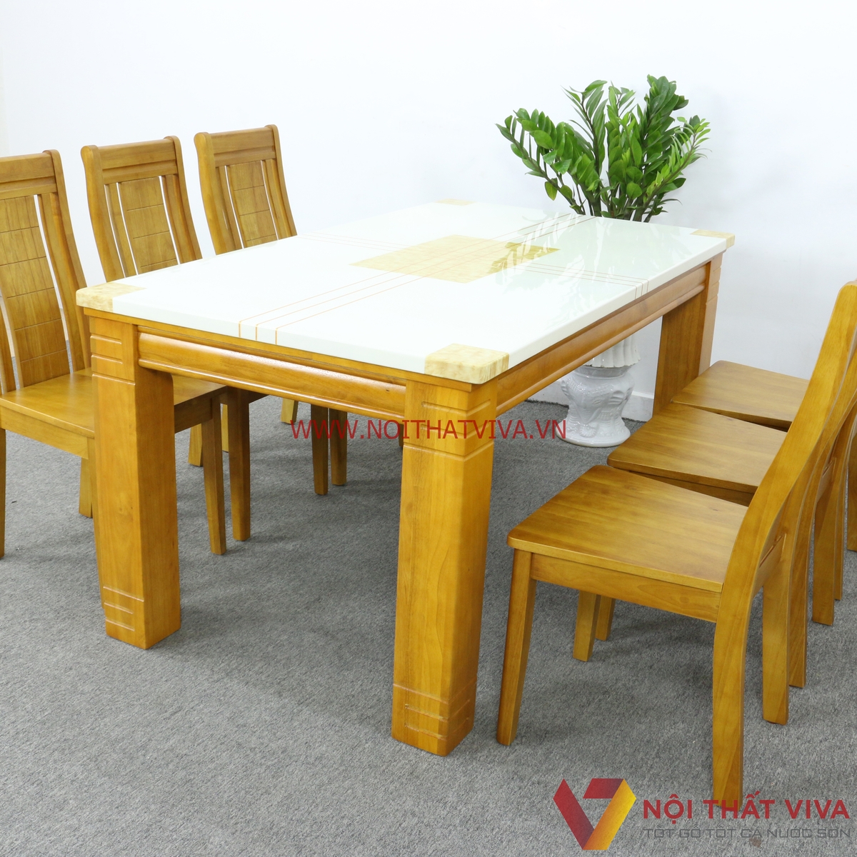 Bộ Bàn Ăn 6 Ghế Gỗ Xoan Mặt Đá Cẩm Thạch Cao Cấp Màu Vàng Mờ Hiện Đại
