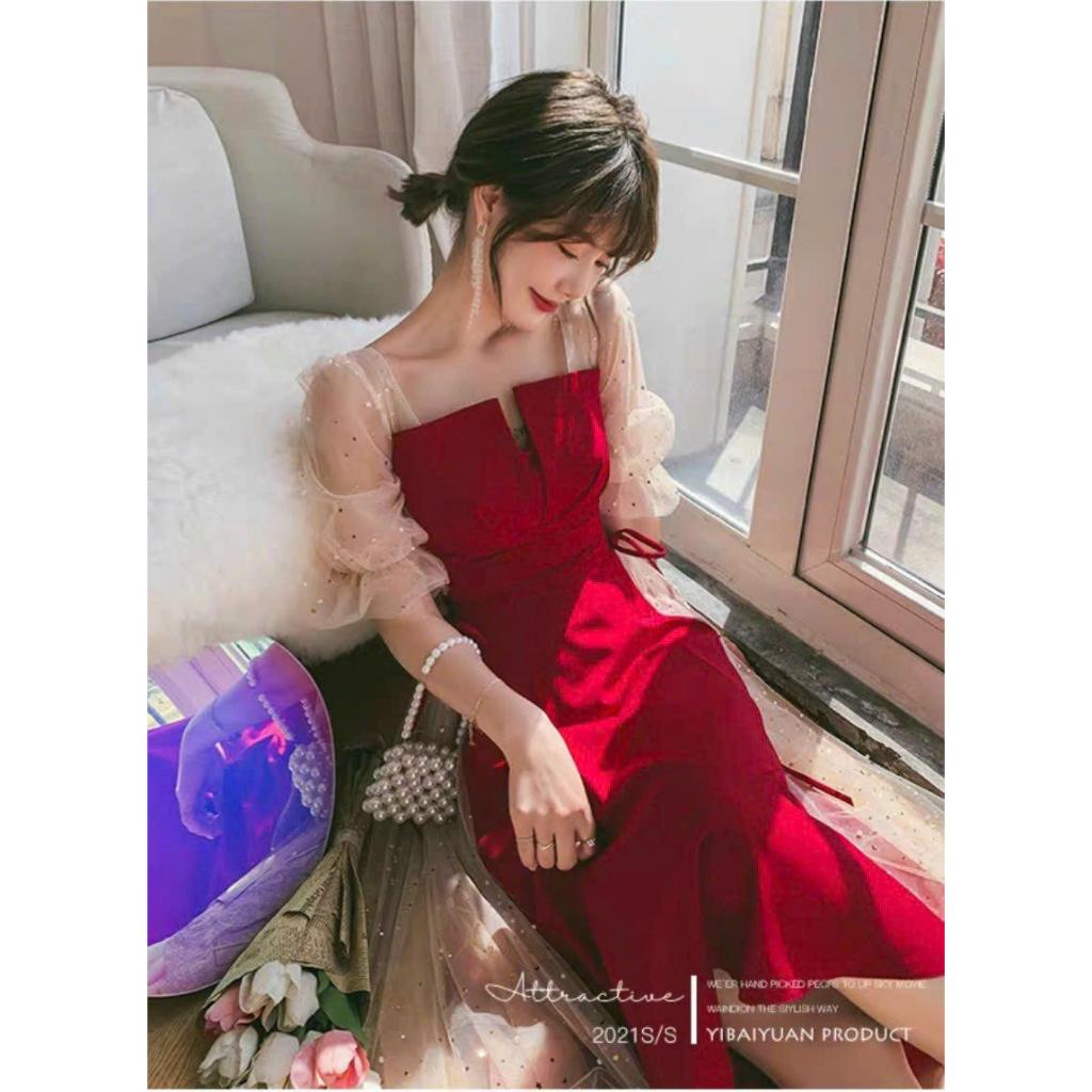 Váy đầm nữ dáng xòe cổ V phối lưới kim sa cột nơ xinh xắn