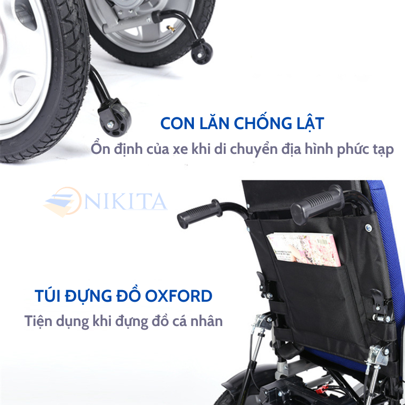 Xe lăn điện có chức năng ngả thành giường, dung lượng pin lớn, tay vịn đóng mở tự do, chống nghiêng, chống lật, chính hãng Nikita