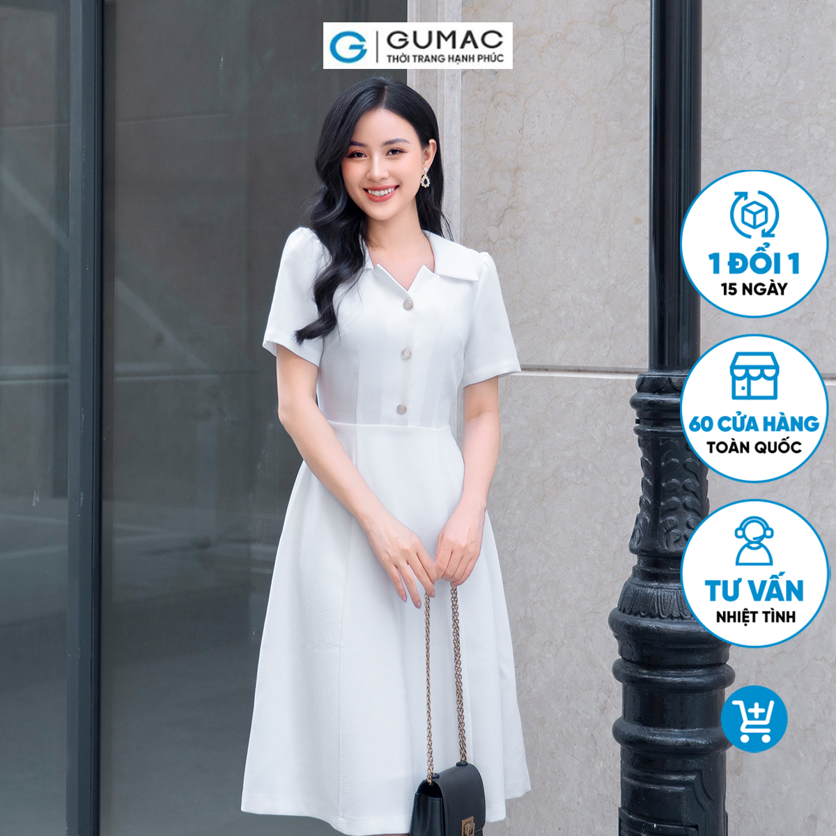 Đầm A cổ cách điệu vải bố giữ phom đi tiệc đi chơi thanh lịch sang trọng GUMAC DD09042