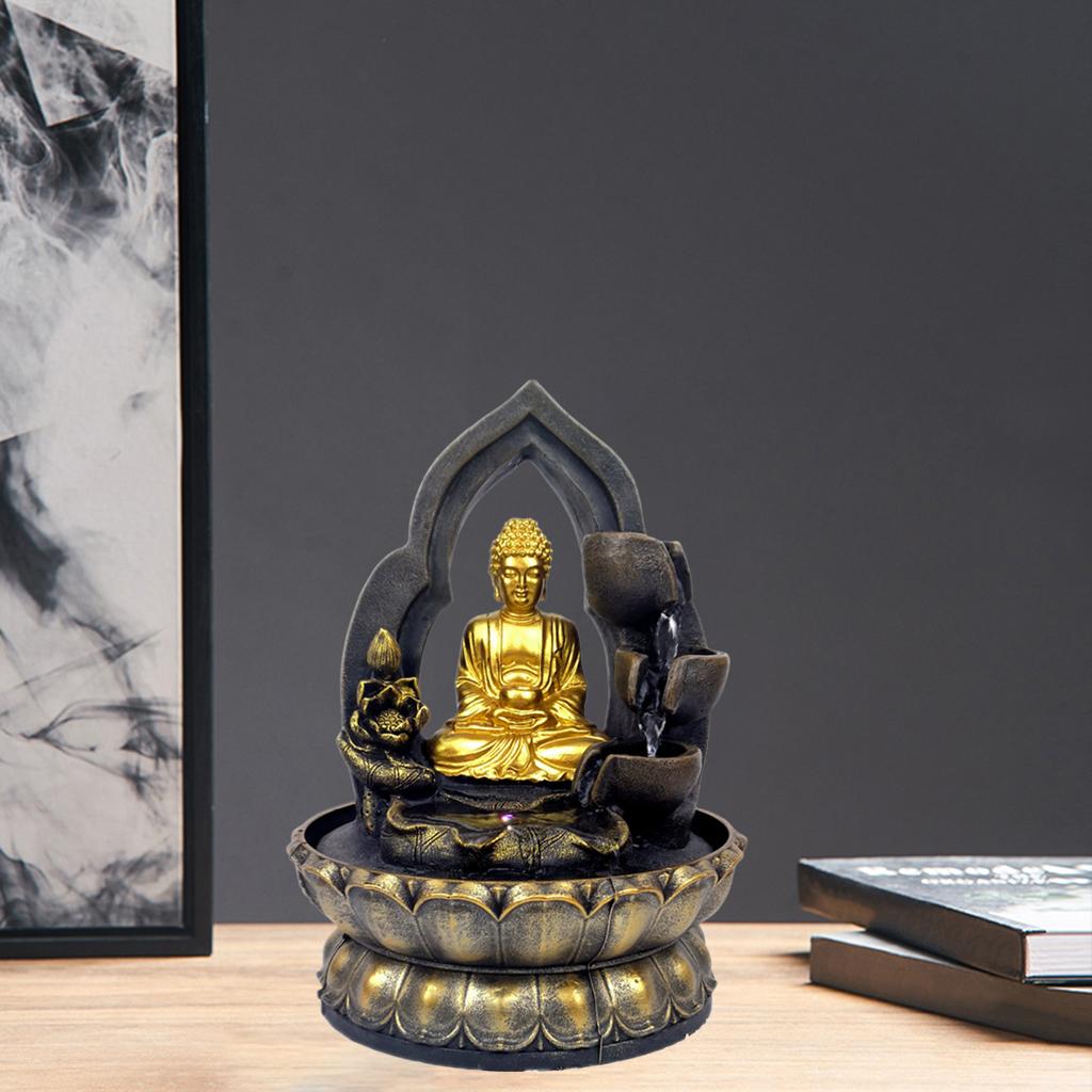 Tabletop Fountain LED Lights Water Waterfall Resin Buddha Statue Sculpture