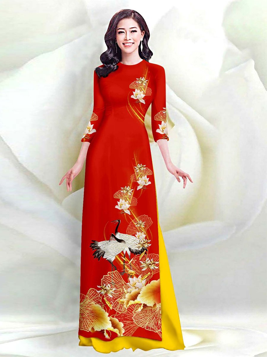 Áo dài lụa in 3D họa tiết sen và chim hạc AD012 - Lady Fashion
