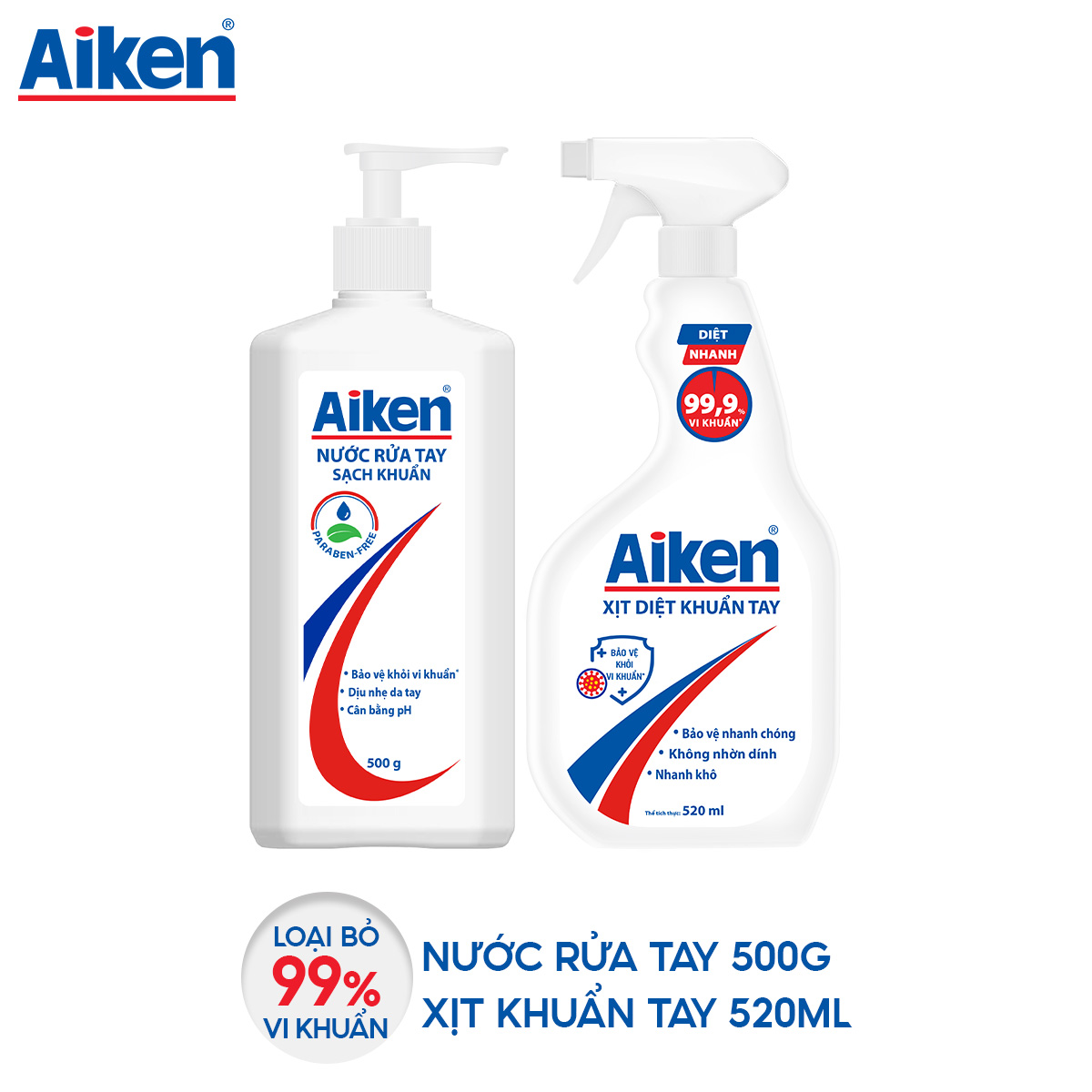 Combo Nước rửa tay 500g và Xịt khử khuẩn tay 520ml Aiken