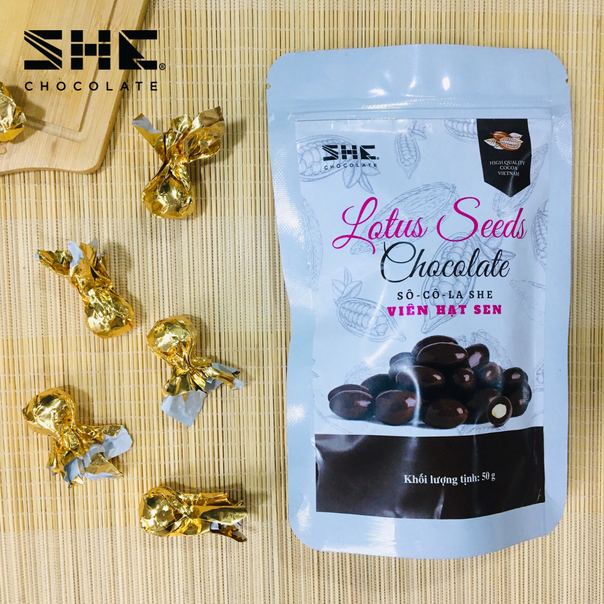 Socola viên Hạt sen - túi 50g -SHE Chocolate - Bổ sung năng lượng, đa dạng vị giác. Quà tặng sức khỏe, quà tặng người thân, dịp lễ, thích hợp ăn vặt