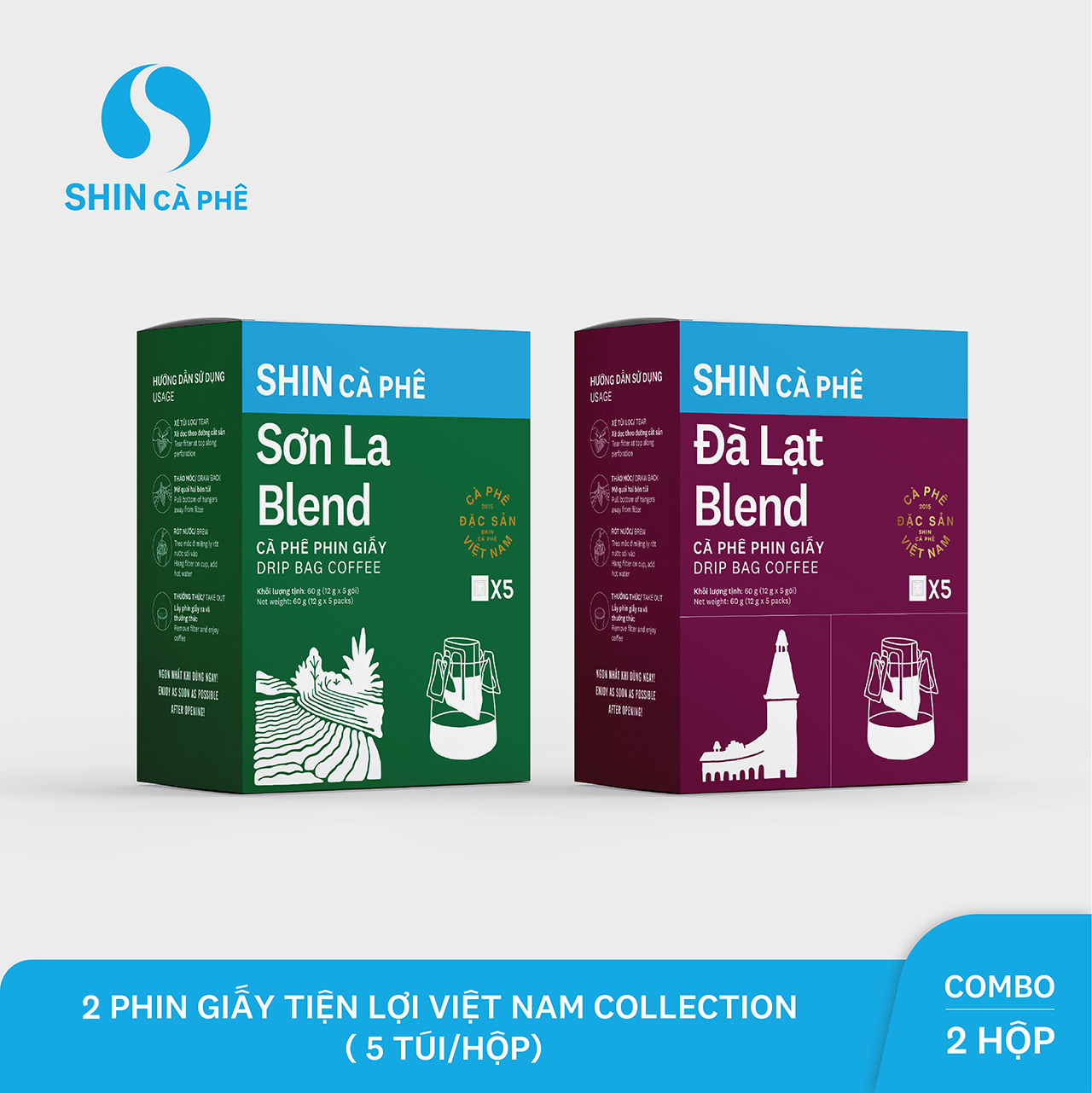 SHIN Cà Phê - Combo Sơn la và Đà Lạt - Phin giấy tiện lợi hộp 5 gói