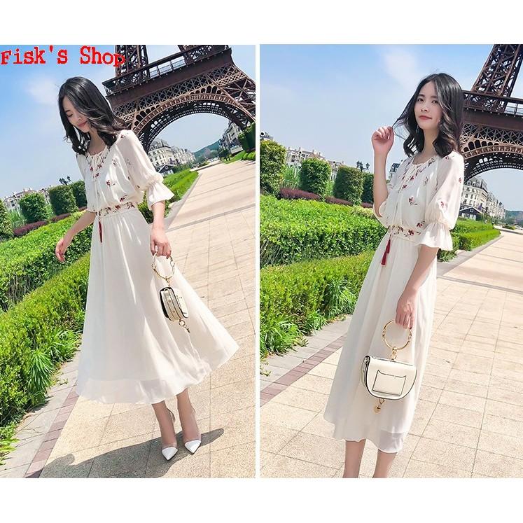 Váy chiffon thêu hoa đỏ