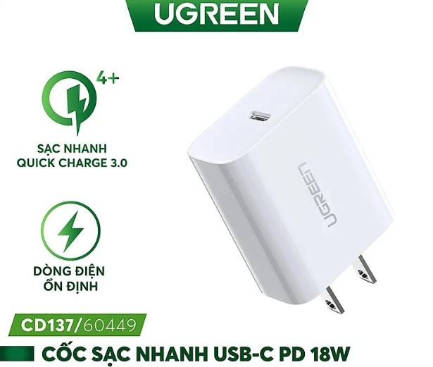 Sạc nhanh UGREEN CD137 60449 1 cổng USB Type C Hỗ trợ PD QC 4.0 3.0 tối đa 18W cho iPhone 12 / Samsung - Hàng chính hãng