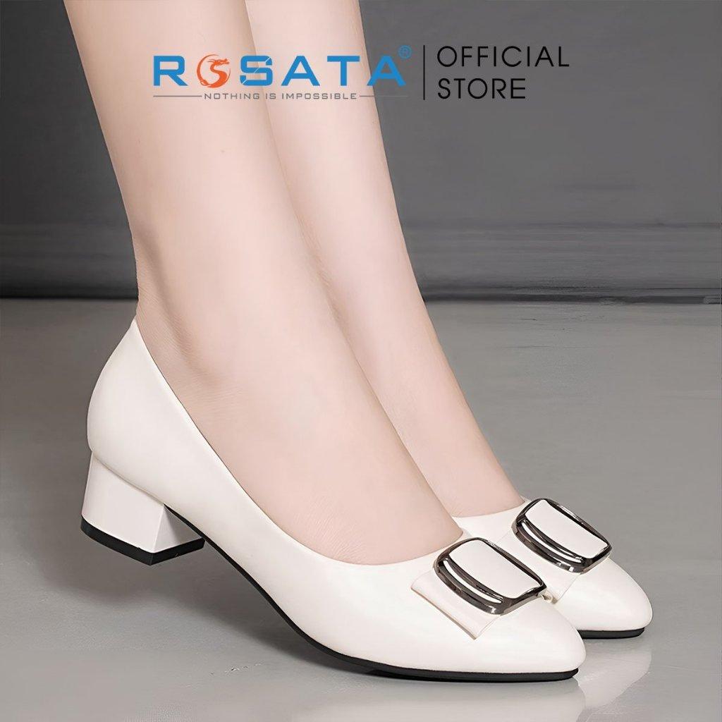 Giày búp bê ROSATA RO363 mũi nhọn đính nơ xỏ chân êm ái gót đế vuông 4 phân xuất xứ Việt Nam - KEM