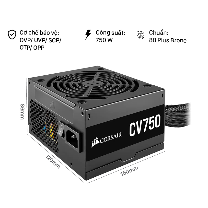 Nguồn máy tính Corsair 750W CV750 80 Plus Bronze - Hàng chính hãng Vĩnh Xuân phân phối