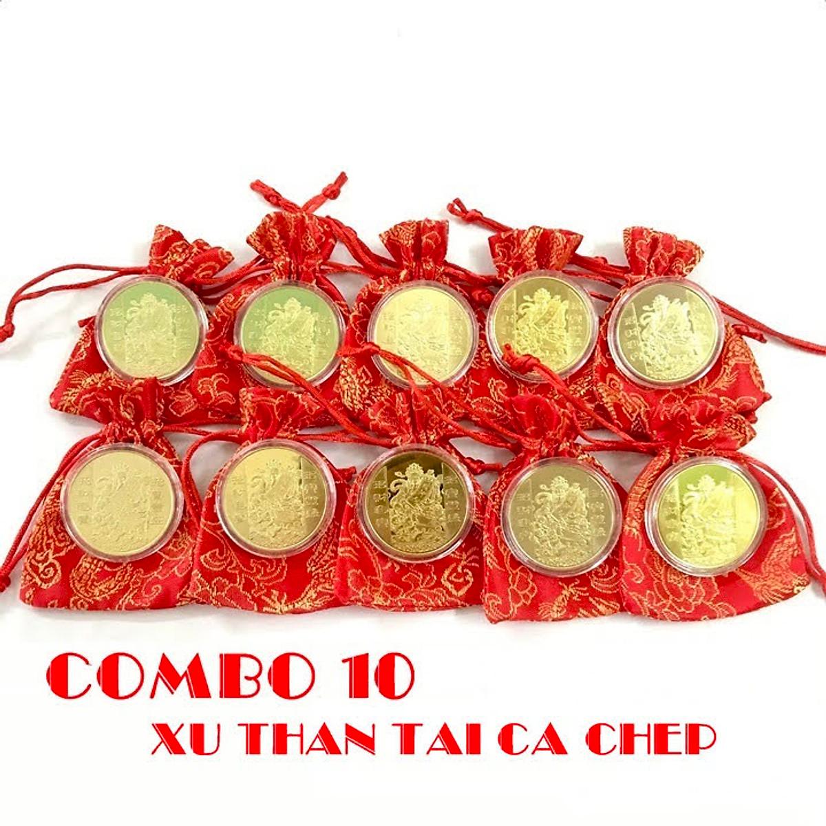 Combo 10 xu Thần Tài màu vàng Cá Chép tặng kèm túi gấm , dùng để làm quà tặng, biếu - ECOINS