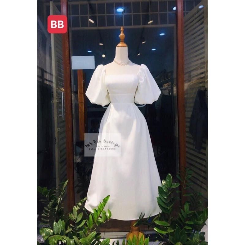Váy đầm trắng Vintage dáng xòe dự tiệc cổ vuông tay bo bồng dài V121 full size AĐ BOUTIQUE