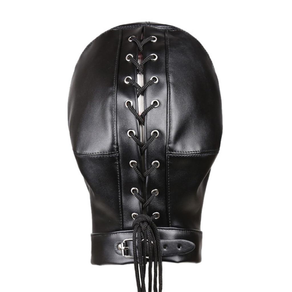 Unisex Adult Black Faux Leather Hood Mask Lace Up Full Head Face Cover Toys