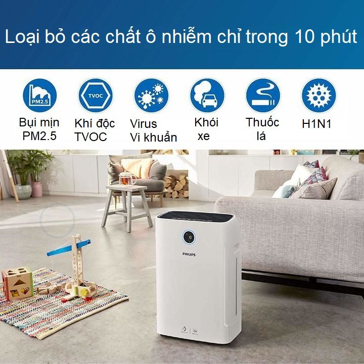 Máy lọc không khí 2 trong 1 cao cấp nhãn hiệu Philips Series 3000 AC2726/00 kèm chức năng tạo độ ẩm, loại bỏ 99,97% các chất ô nhiễm trong không khí, diện tích làm sạch 40m2