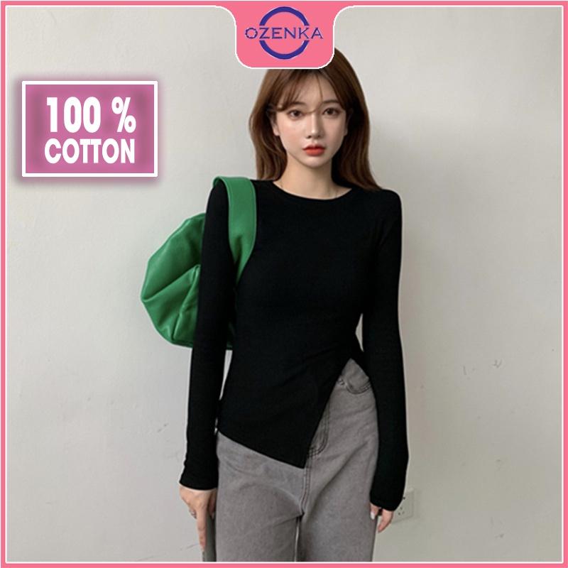 Áo thun croptop nữ tay dài sẻ gấu , ao crt ôm body phong cách Hàn Quốc chất cotton lụa màu đen trắng dưới 52 kg