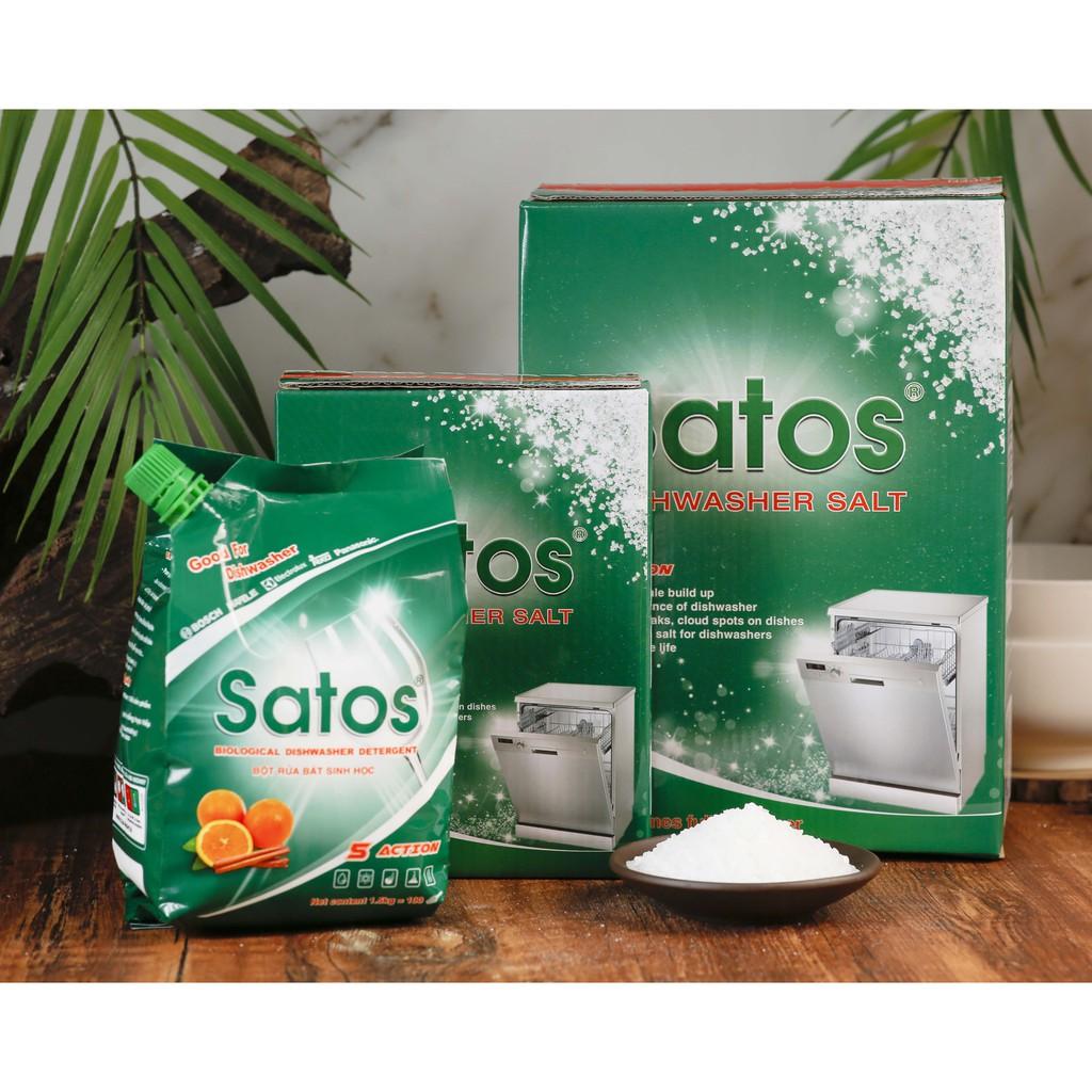 Combo bột rửa bát sinh học Satos 1,5kg + 1 muối Satos 1.5kg + 1 bóng Alio 1lit