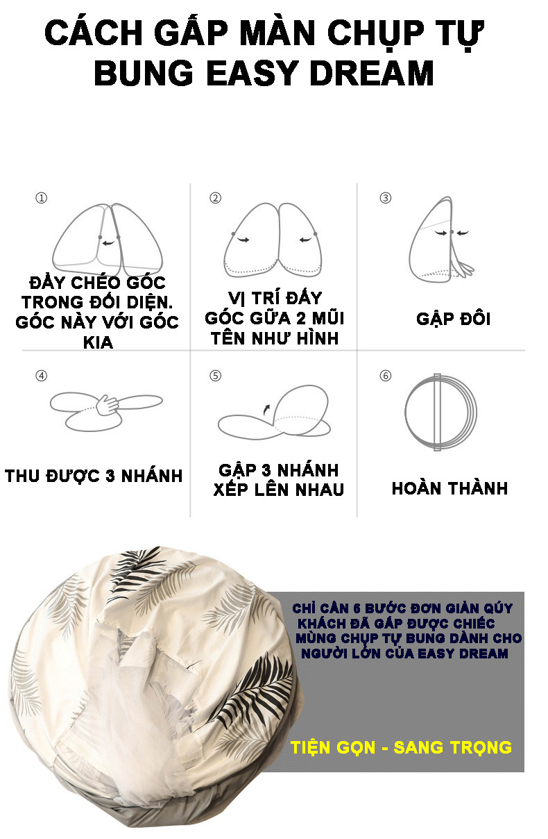 Mùng Chụp Màn Chụp Tự Bung người lớn cao cấp , Màn ngủ chống muỗi 1m8 x 2m , Cao 1m65 , 3 cửa , có đáy liền, đình rộng