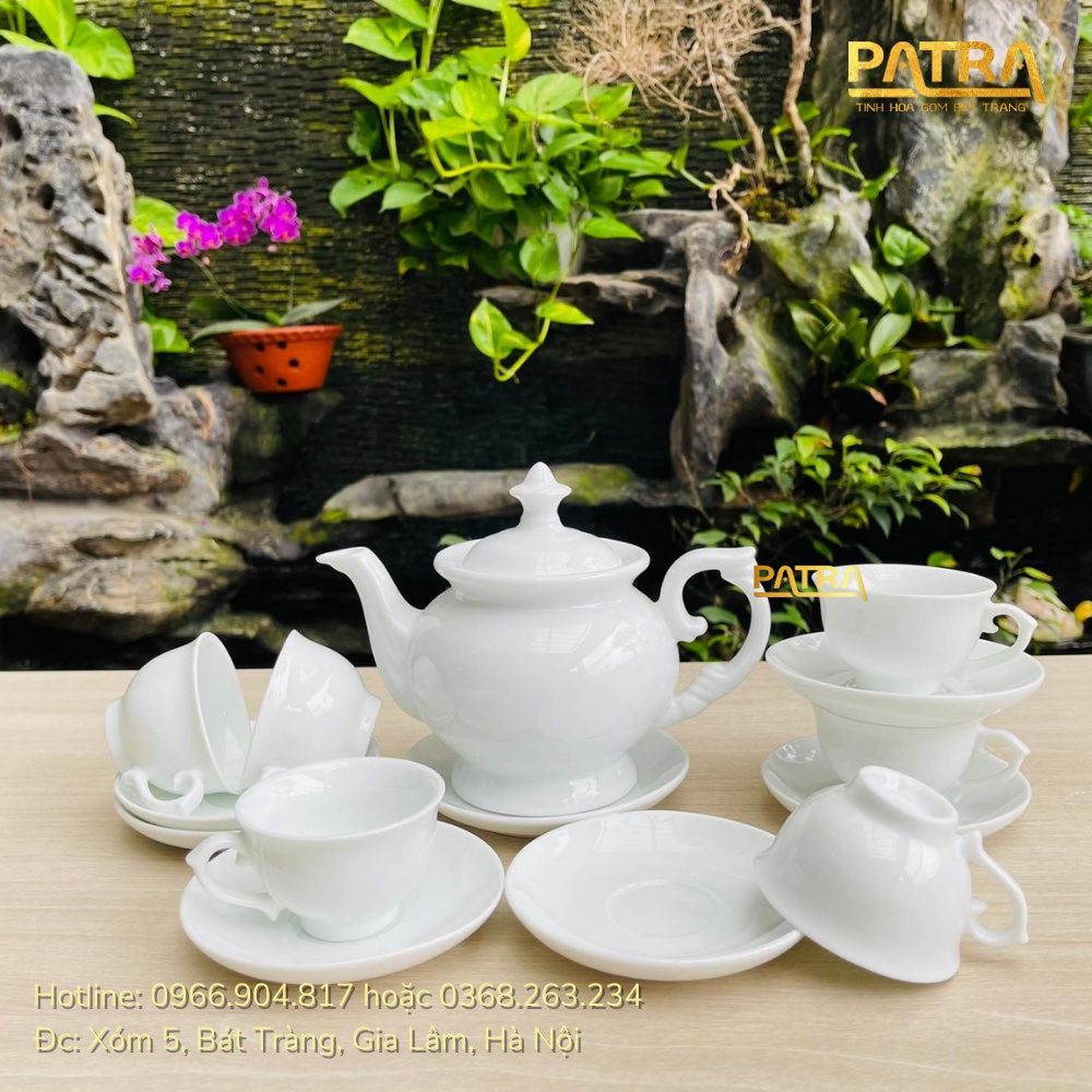 Bộ ấm chén uống trà cao cấp , bộ ấm trà Bát Tràng men trắng bát tràng