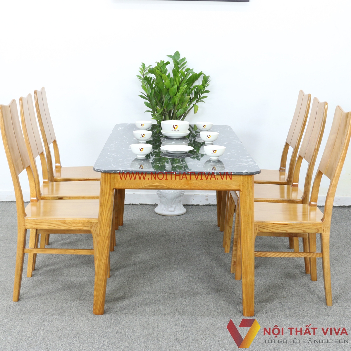 Bộ Bàn Ăn 6 Ghế Gỗ Sồi Nga Màu Vàng Mặt Đá Đen Tràn Gọn Đẹp Giá Rẻ