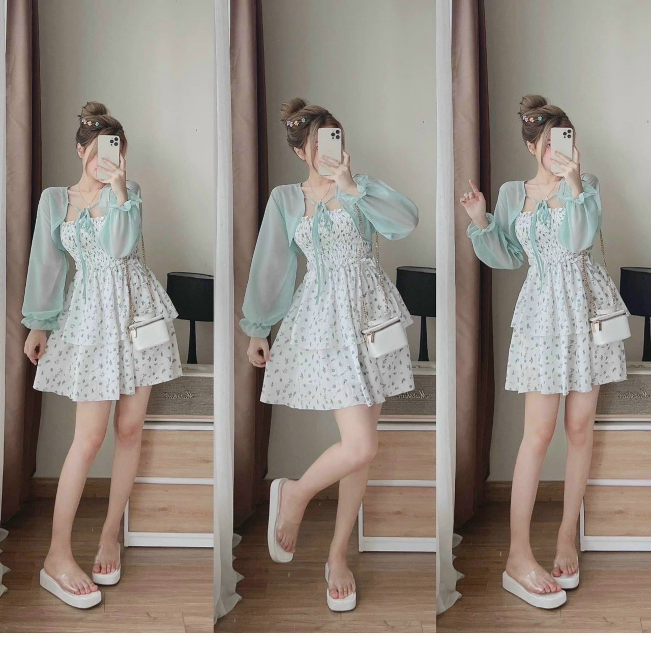 SÉT ÁO VOAN KÈM ĐẦM XỐP IN HOA NHÍ  MÀU Y HÌNH