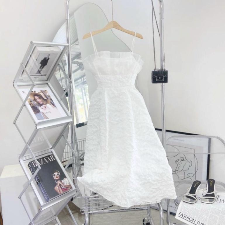 Váy Trắng dự tiệc Thiết Kế Hai Dây Ngọc Xốp Vân Nổi Prince Dress babydoll váy xinh ulzzang - Váy mầu trắng