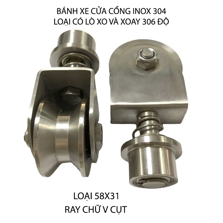 Bộ bánh xe cho cửa cổng trượt-lùa kiêm xoay 360 độ, làm bằng inox 304 có lò xo giảm chấn, Kích thước 58x31mm