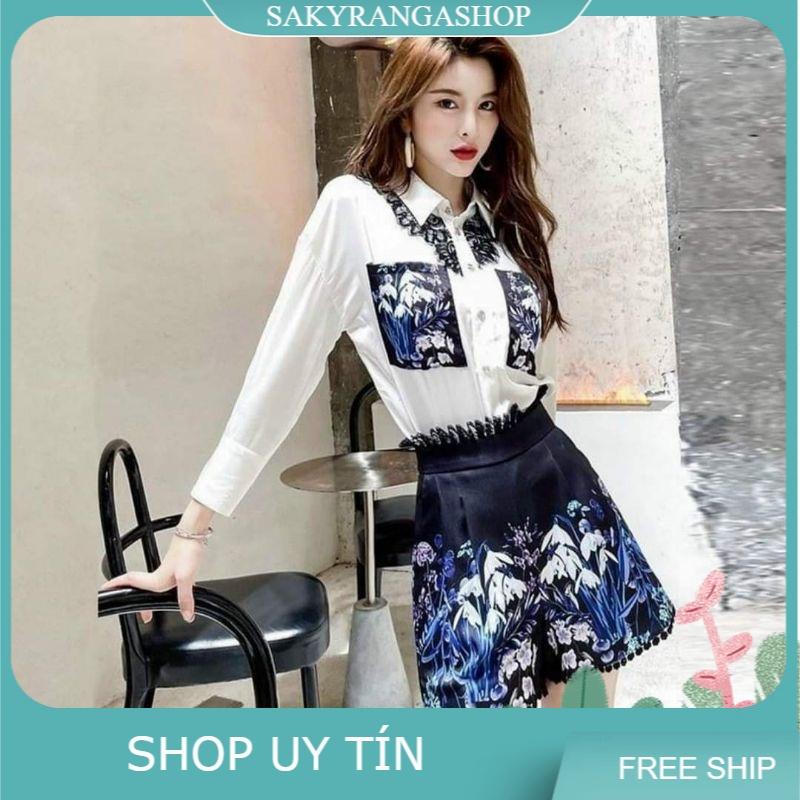 HÀNG NHẬP - SÉT BỘ SHORT ÁO CỔ SƠ MI PHỐI REN QUẦN HOA