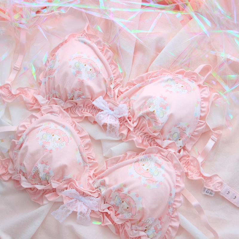 Nhật Bản Siêu Sexy Màu Hồng Dễ Thương Anime Mỹ Giai Điệu Hoa Văn Ren Ngọt Ngào Nơ Flouncing Bộ Đồ Lót Không Viền Áo Ngực Áo Ngực & quần Lót Bộ