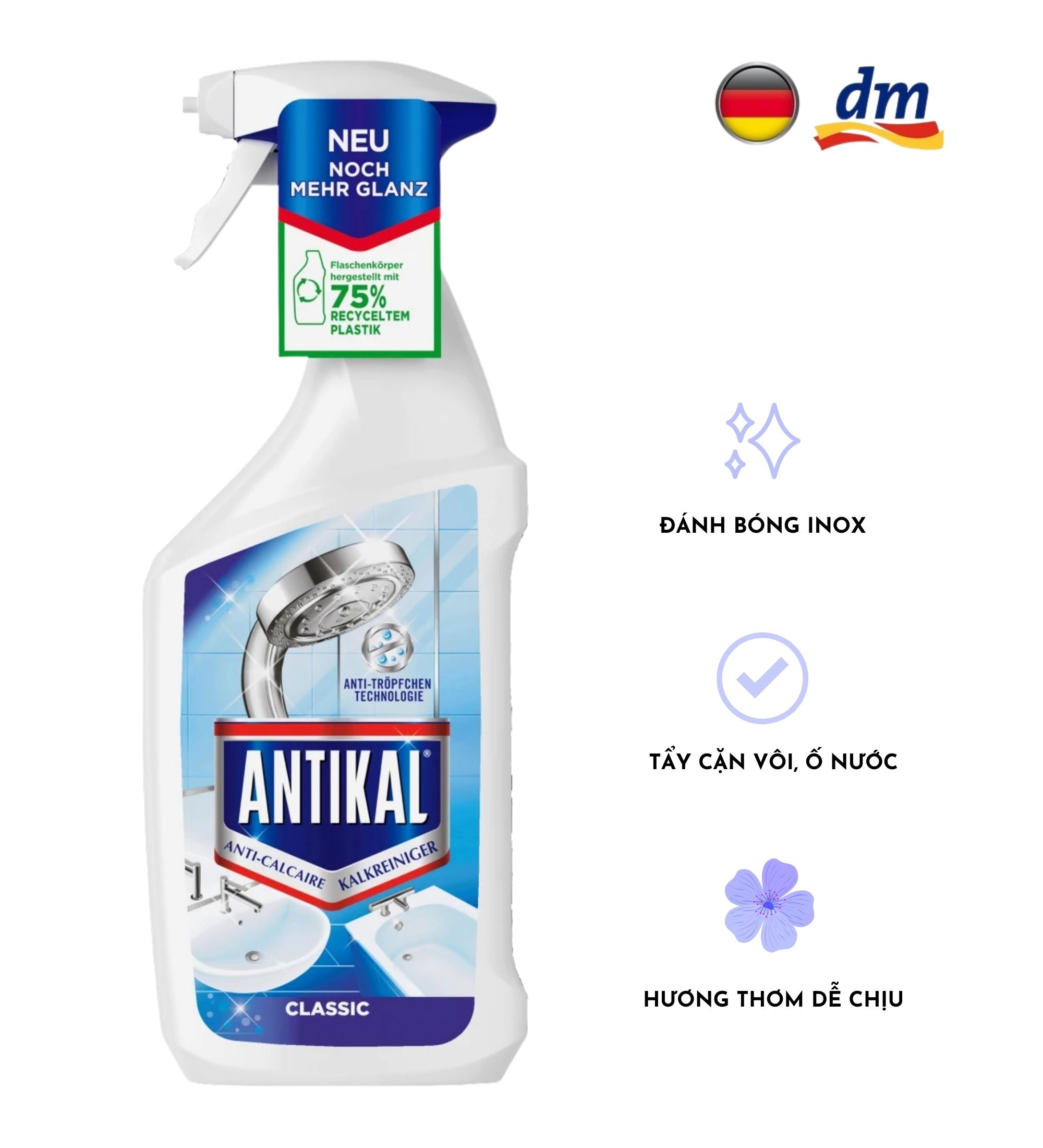 Bình xịt dung dịch tẩy cặn bám trên đồ inox trong nhà tắm Antikal Kalkreiniger, 750 ml - hàng nhập khẩu Đức