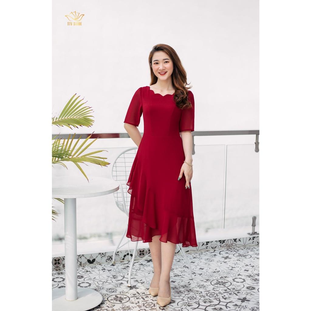 Đầm xòe dự tiệc thiết kế sang trọng cổ sóng nước chân váy bèo Đỏ đô - TTV961