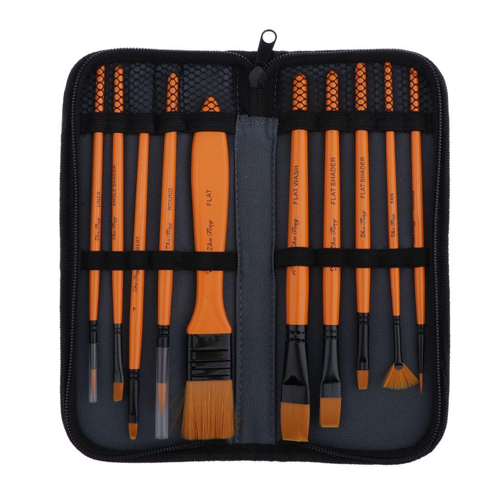 10 Pieces Wooden Handle Brush Set Artist Paint Brush Set Artist Brush Painting Brush Watercolor Acrylic Flat Brush with 75ml 6 Tubes Acrylic Paint Set