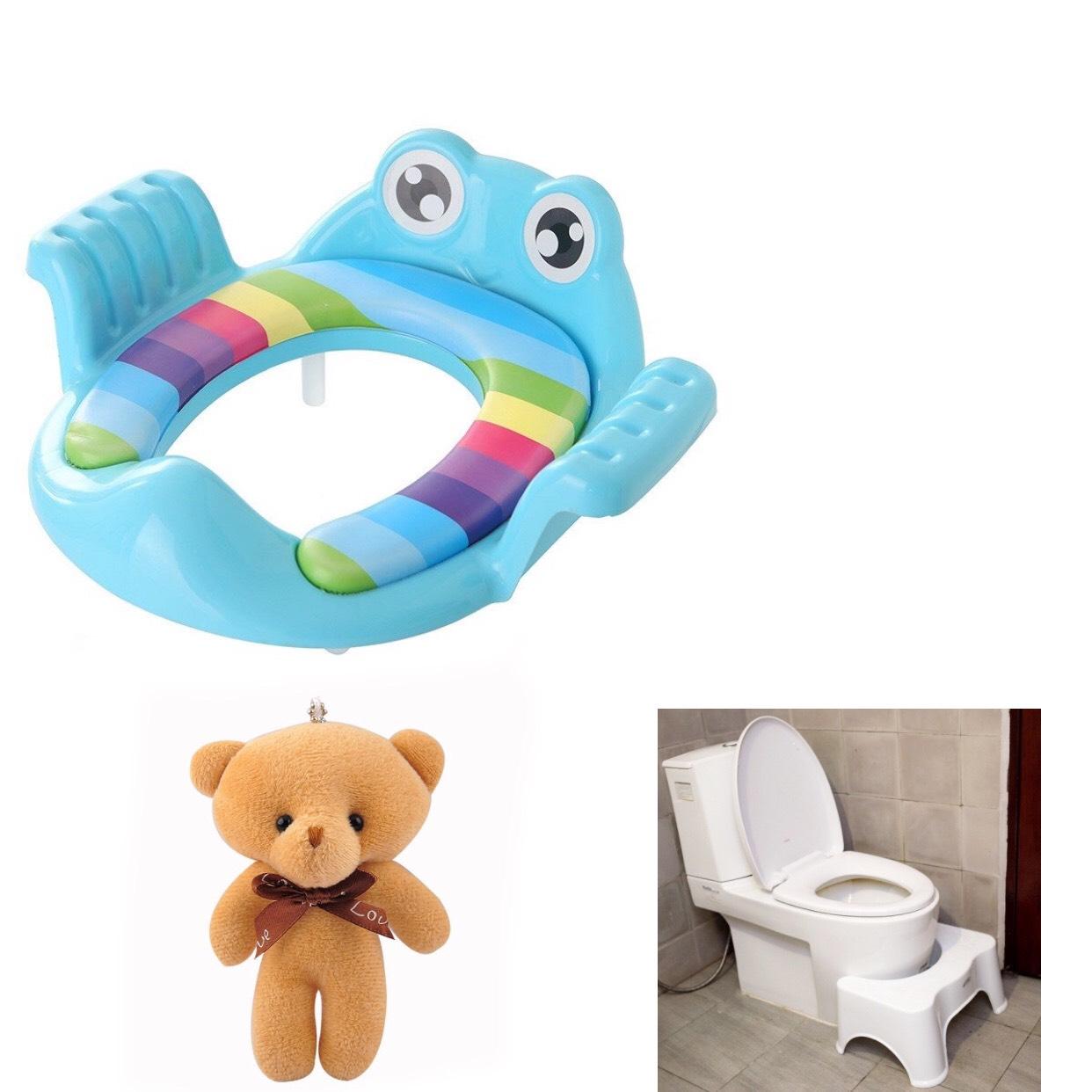 [ COMBO TIẾT KIỆM ] Bệ Thu Nhỏ Bồn Cầu Hình Ếch Có Tay Vịn + Ghế Kê Chân Toilet Chống Táo Bón Và Các Bệnh Về Đường Tiêu Hóa Cho Trẻ Nhỏ Và Người Già - Tặng 1 gấu bông mini - xanh dương - Hàng Chất Lượng