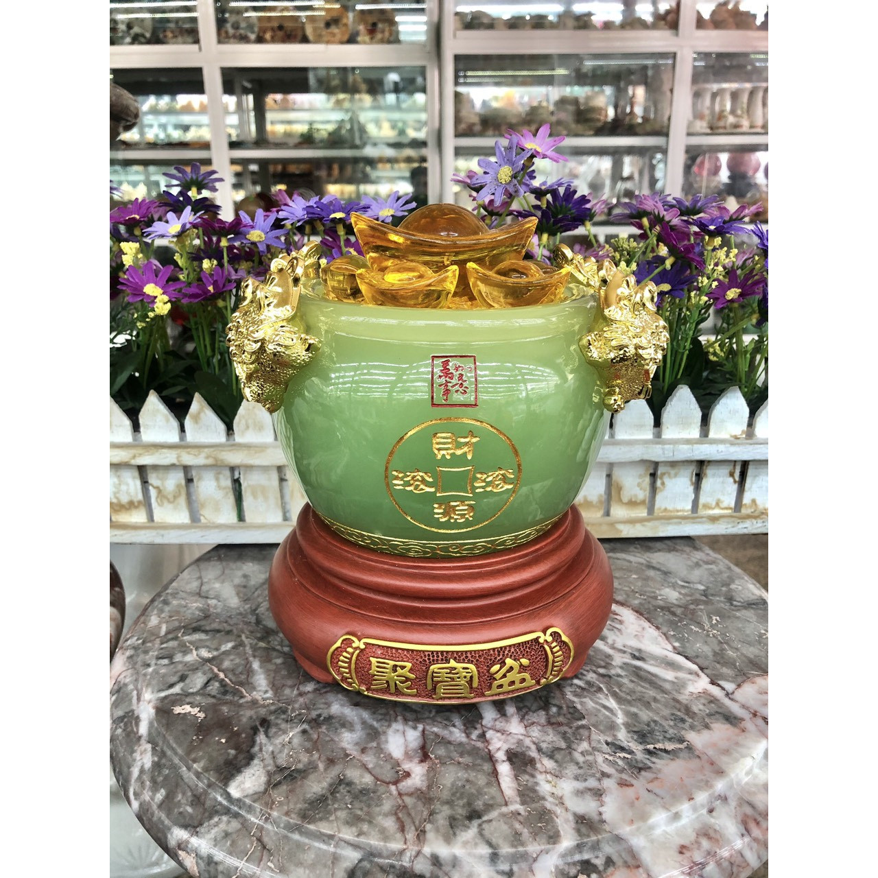 Bát vàng, Bát Tụ Tài, Bát Tụ Bảo đá ngọc cẩm thạch xanh Hút Tài, Hút Lộc, Chiêu tài nạp lộc - Cao 18 cm