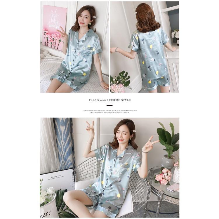 Bộ đồ Pijama lụa quả dứa mới đồ ngủ nữ mùa hè ngắn tay quần áo ở nhà